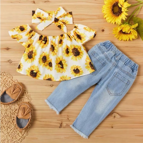 PatPat 3pcs Sunflower Print Short-sleeve Baby Set, Perfect for Outdoor - Picture 2 of 11